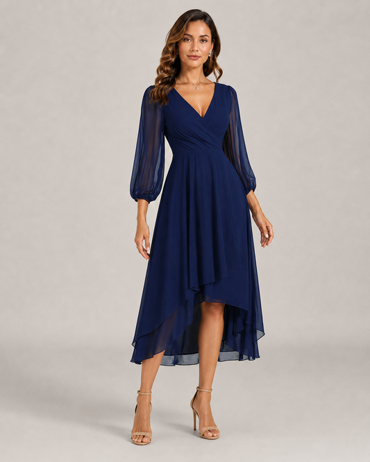 Leonie Sheer Mesh Sleeve V-Neck A-Line Midi Dress