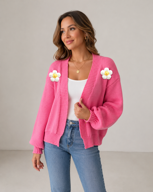 Heidi Flower Knit Lantern Sleeve Cardigan Jacket