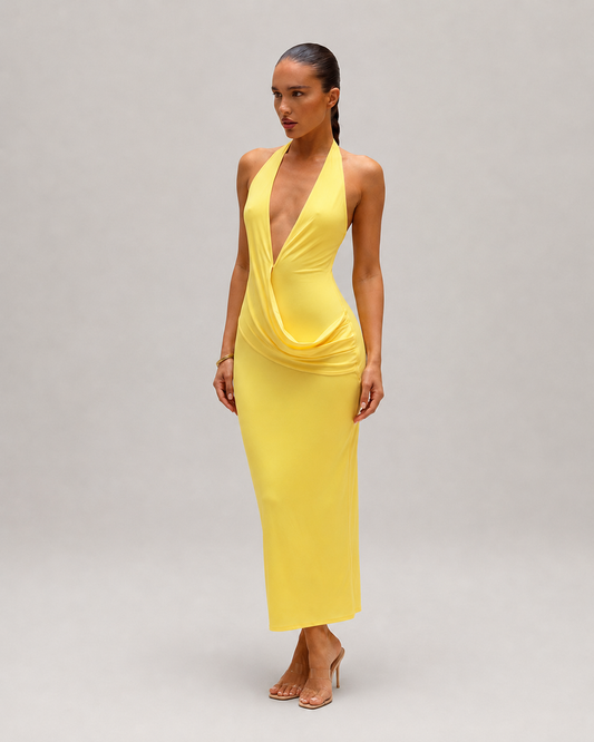 Honor Halter Deep V Backless Draped Split Maxi Dress