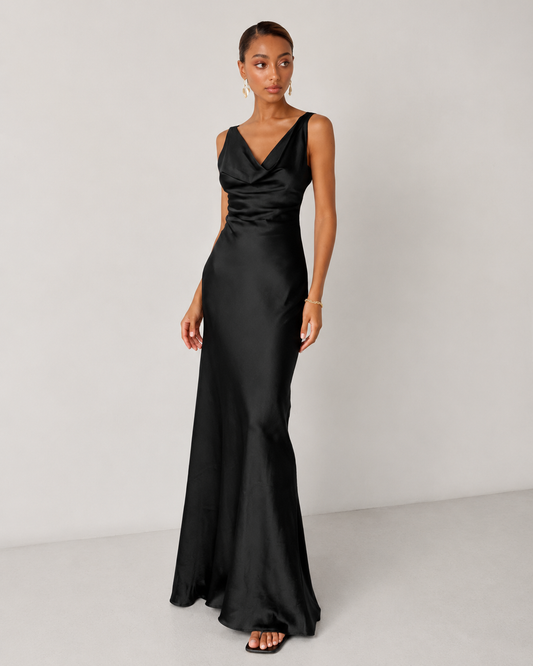 Willa Satin Cowl Neck Scoop Back Maxi Dress in Black