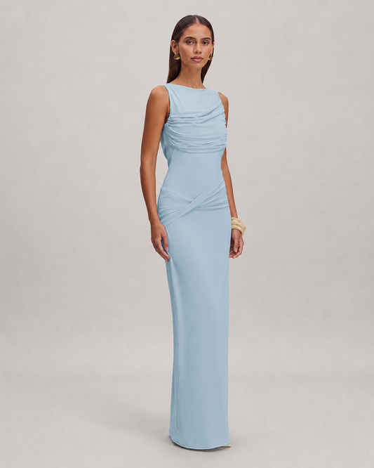 Nell Square Neck Pleated Backless Split Maxi Dress