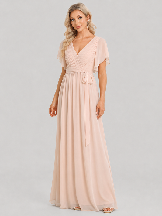 Dahlia Ruffle Sleeve Deep V Chiffon Maxi Dress