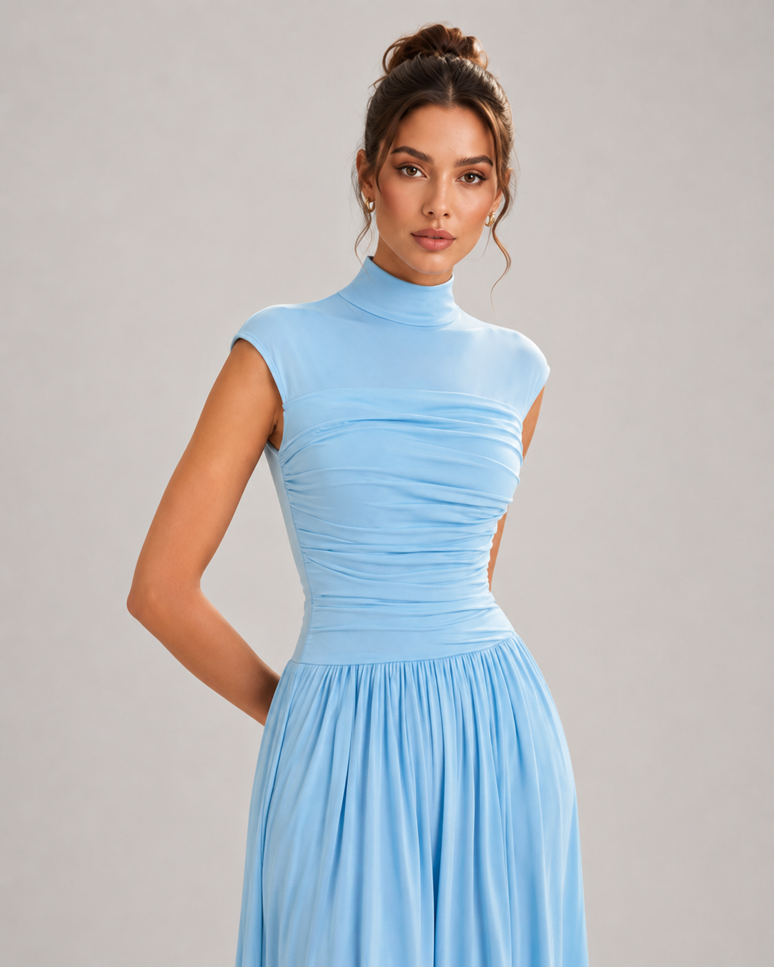 Pearl Long Sleeve Draped Fold Detail Maxi Dress in White