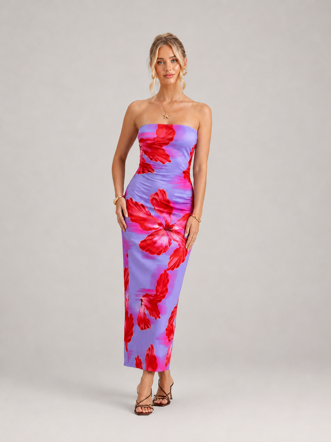 Calla Strapless Floral Print High Waist Midi Dress