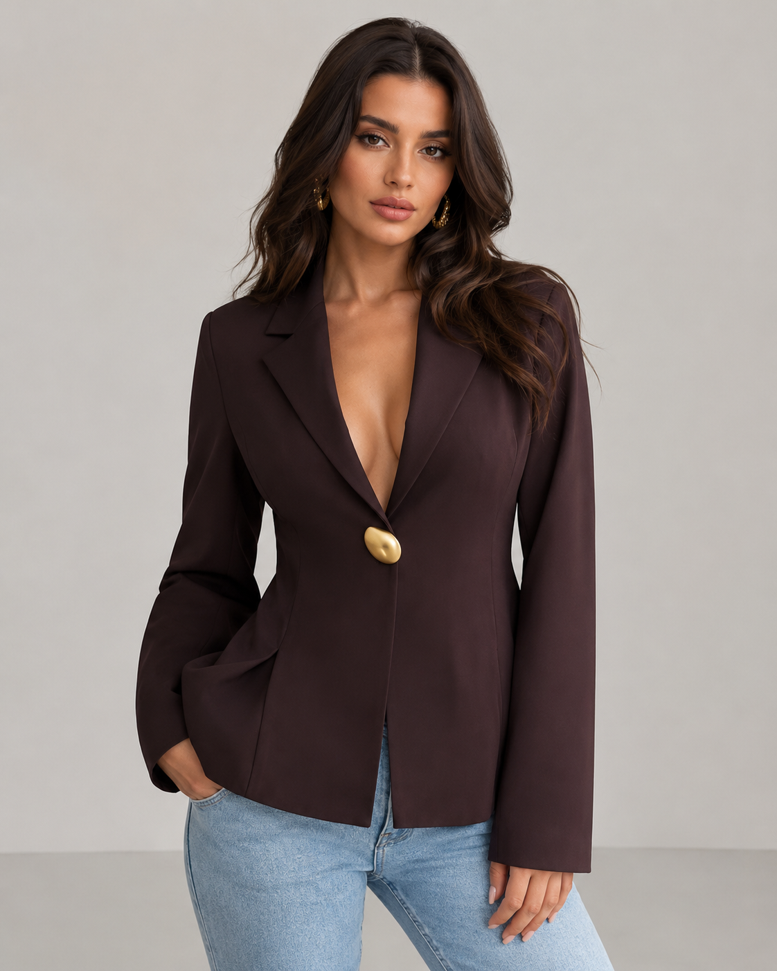 Hera Waist Cinching Single Button Blazer in Coffee