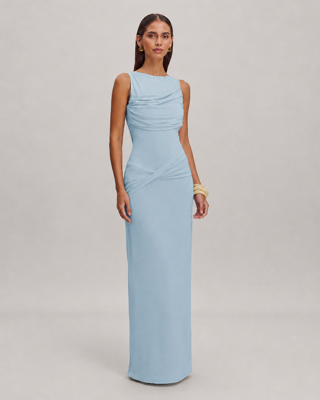Nell Square Neck Pleated Backless Split Maxi Dress