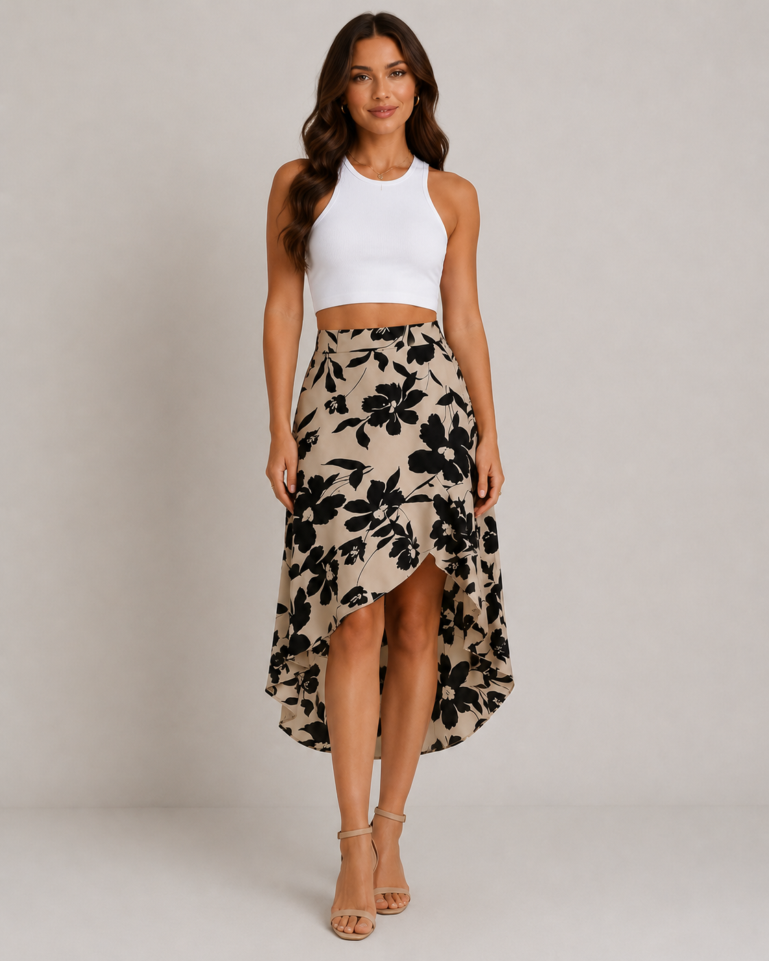 Fleur Asymmetric Ruffle Hem Floral Midi Skirt