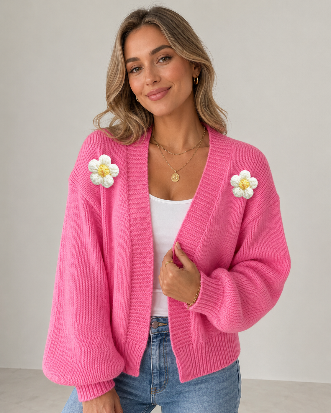 Heidi Flower Knit Lantern Sleeve Cardigan Jacket