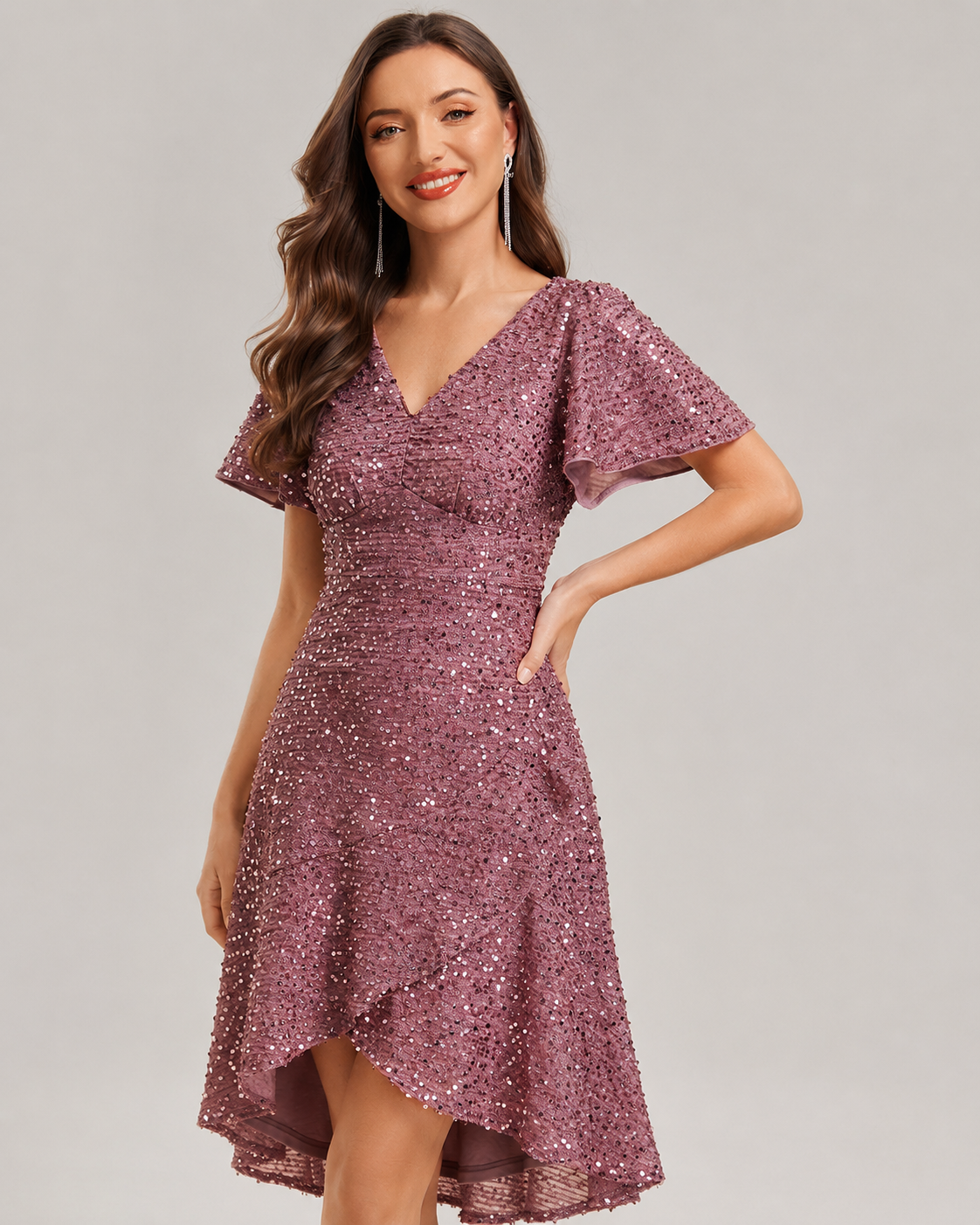 Winnie Ruffle Sleeve Deep V Sequin High Low Dress