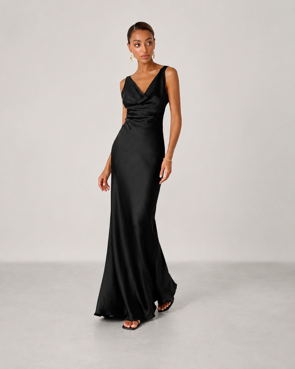 Willa Satin Cowl Neck Scoop Back Maxi Dress in Black