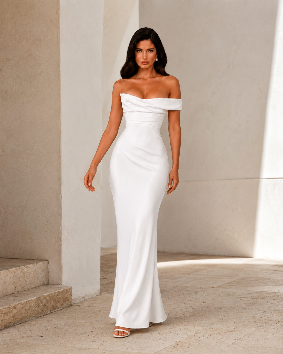 Rosalind Off Shoulder Satin Mermaid Maxi Dress in White