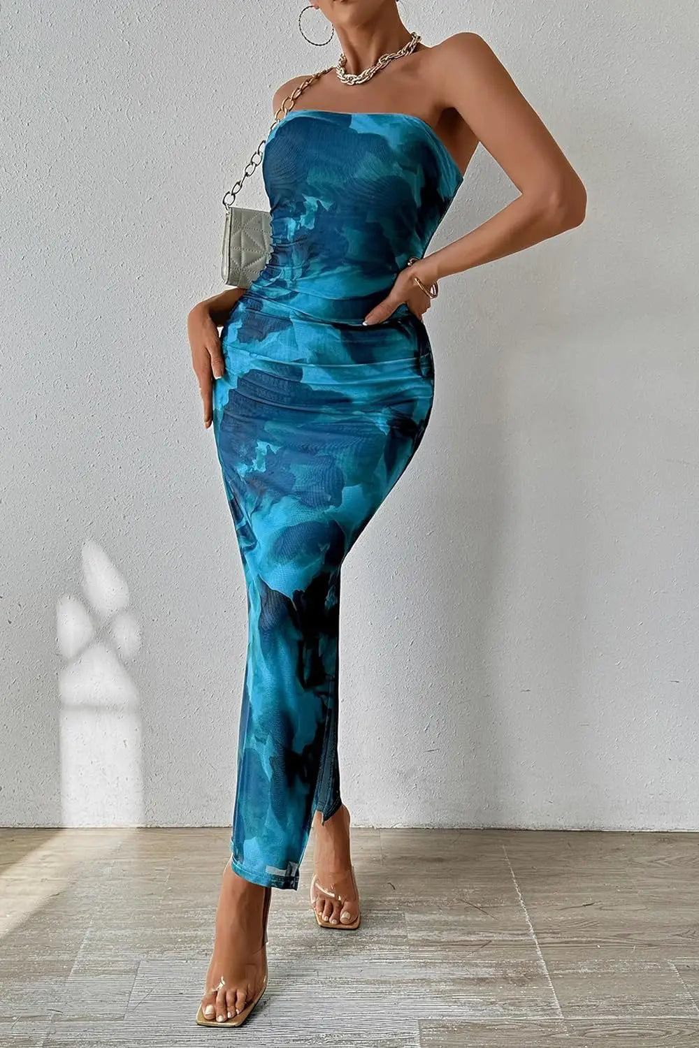 Kiki Strapless Tie Dye Print Hem Slit Midi Dress
