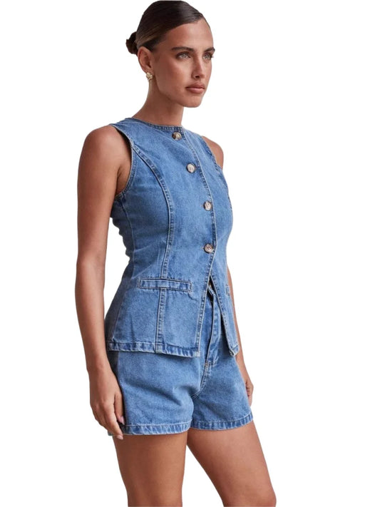 Cassia Waist Cinched Top and Denim Shorts Co-ord Set