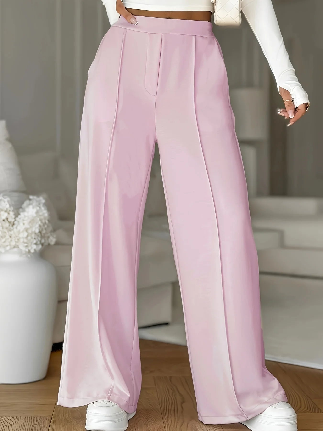 Rosie Pleat Front High Waist Wide Leg Trousers in Pink