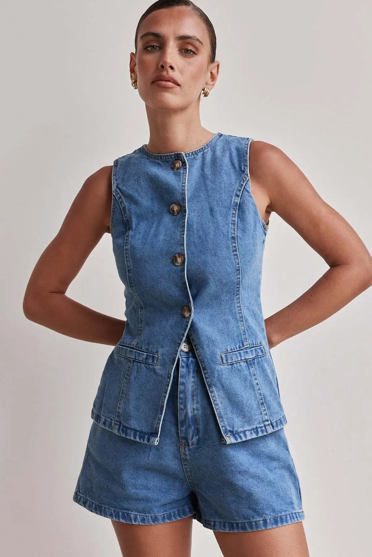 Cassia Waist Cinched Top and Denim Shorts Co-ord Set