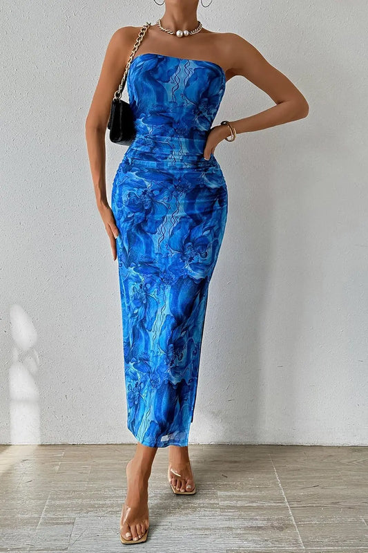 Kiki Strapless Tie Dye Print Hem Slit Midi Dress