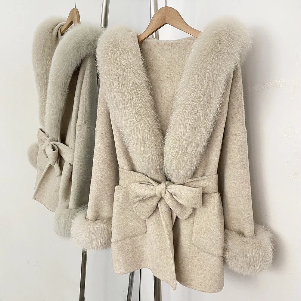 Oona Belted Wool Coat with Fur Trim Hood in Oatmeal