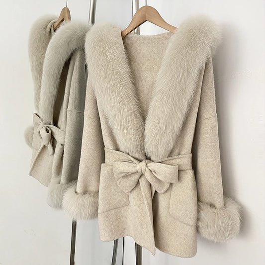 Oona Belted Wool Coat with Fur Trim Hood in Oatmeal