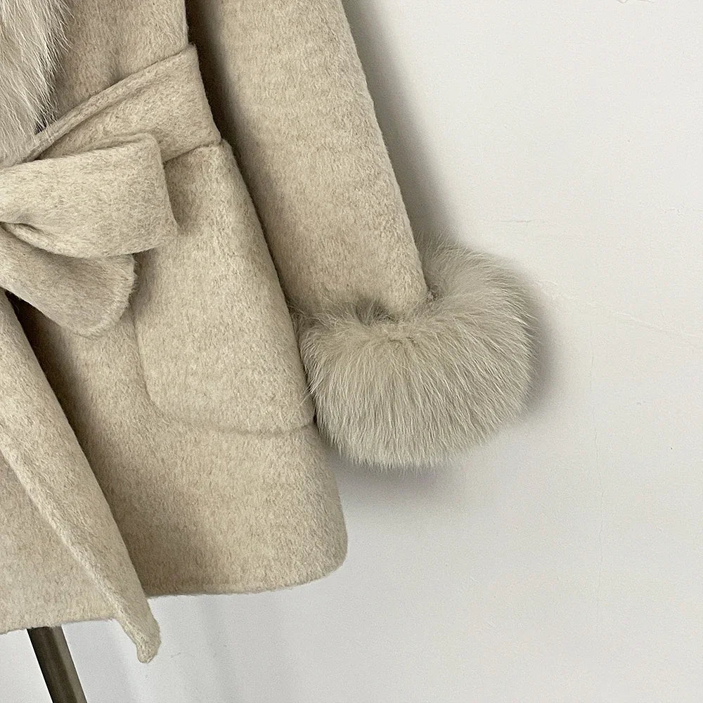 Oona Belted Wool Coat with Fur Trim Hood in Oatmeal