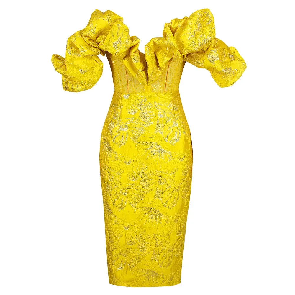Marigold Ruffle Trim Sequin Jacquard Dress in Yellow