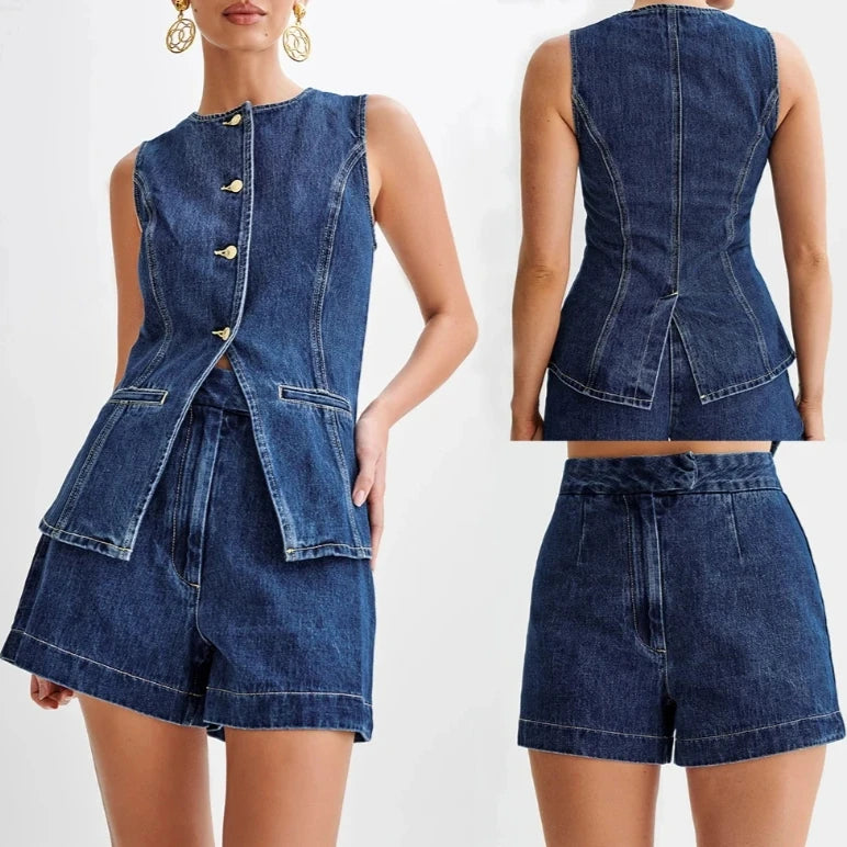 Bonnie Sleeveless Denim Top and Shorts Co-ord Set