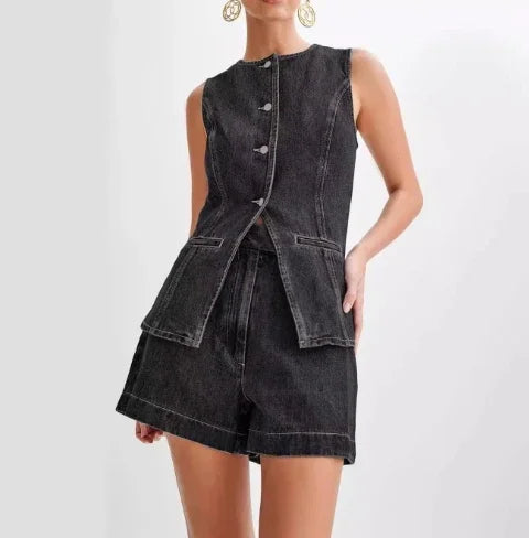 Bonnie Sleeveless Denim Top and Shorts Co-ord Set