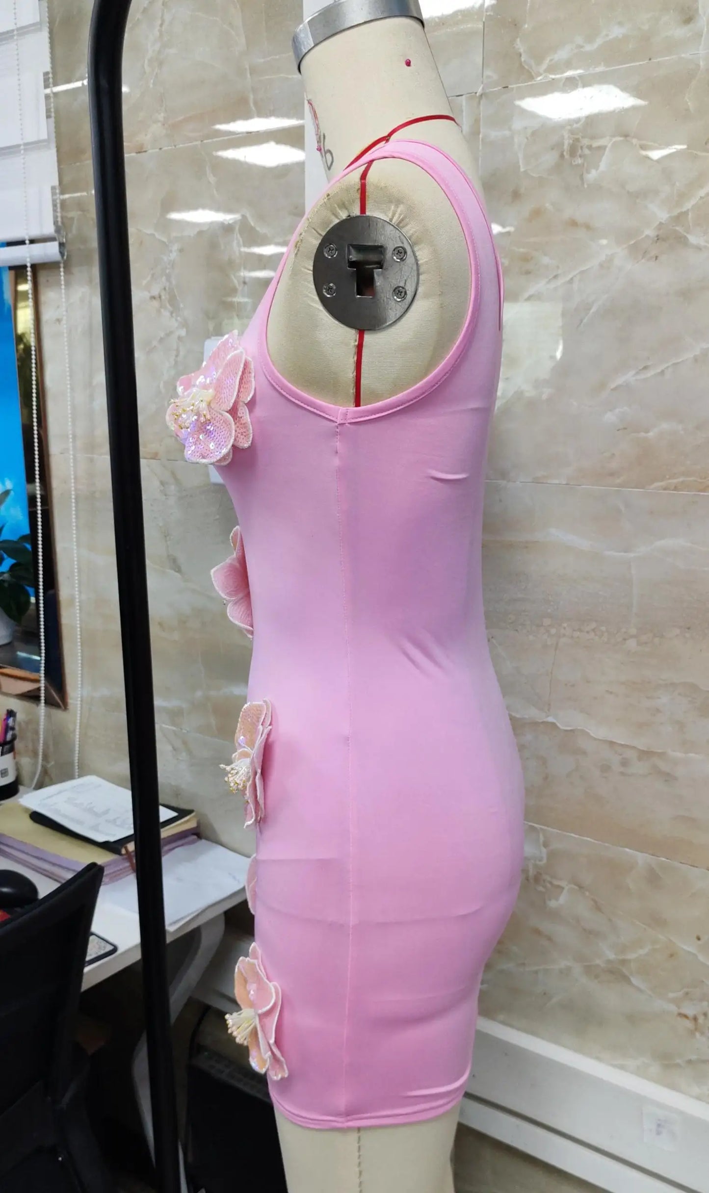 Goldie 3D Flower Sequin Tank Mini Dress in Pink