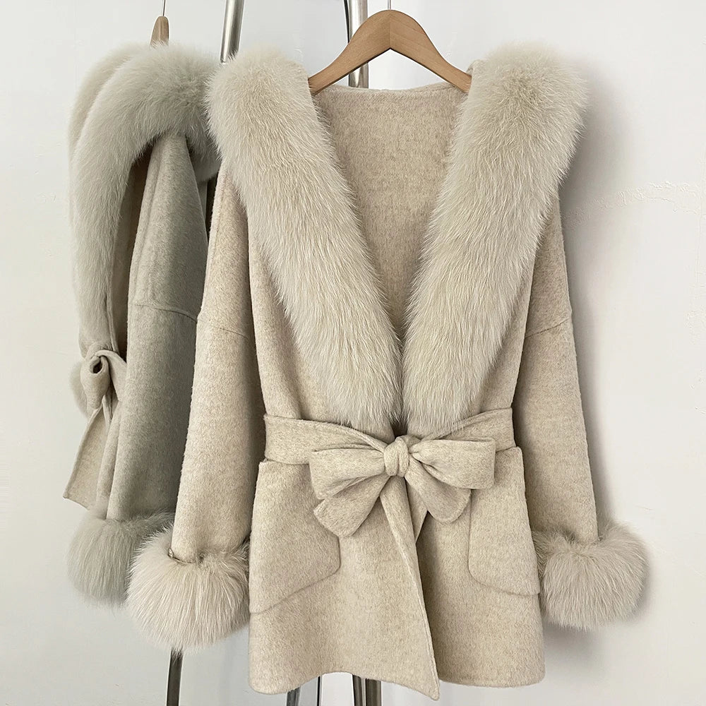 Oona Belted Wool Coat with Fur Trim Hood in Oatmeal