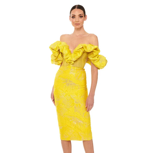 Marigold Ruffle Trim Sequin Jacquard Dress in Yellow