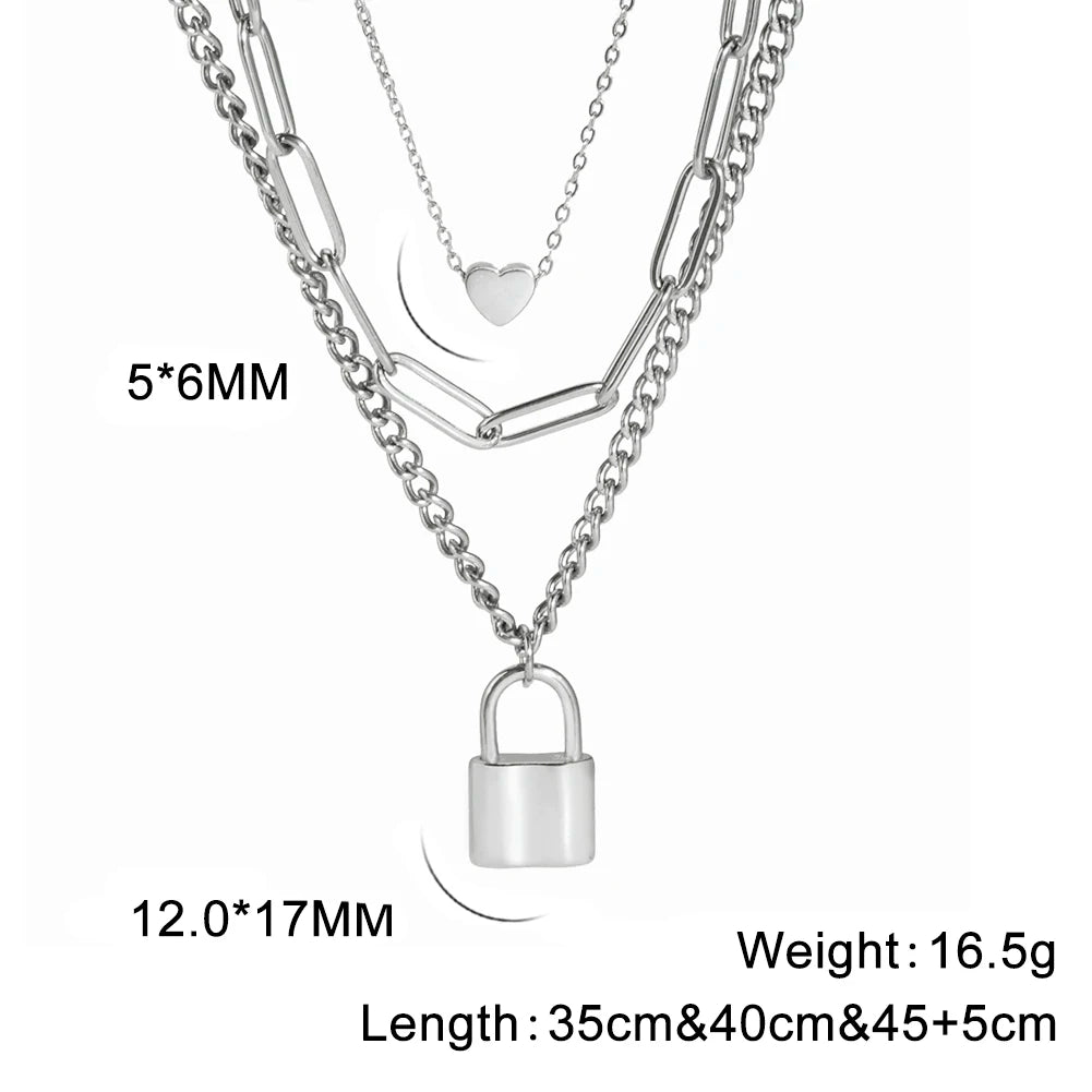 Lois Heart Lock Layered Stainless Steel Necklace