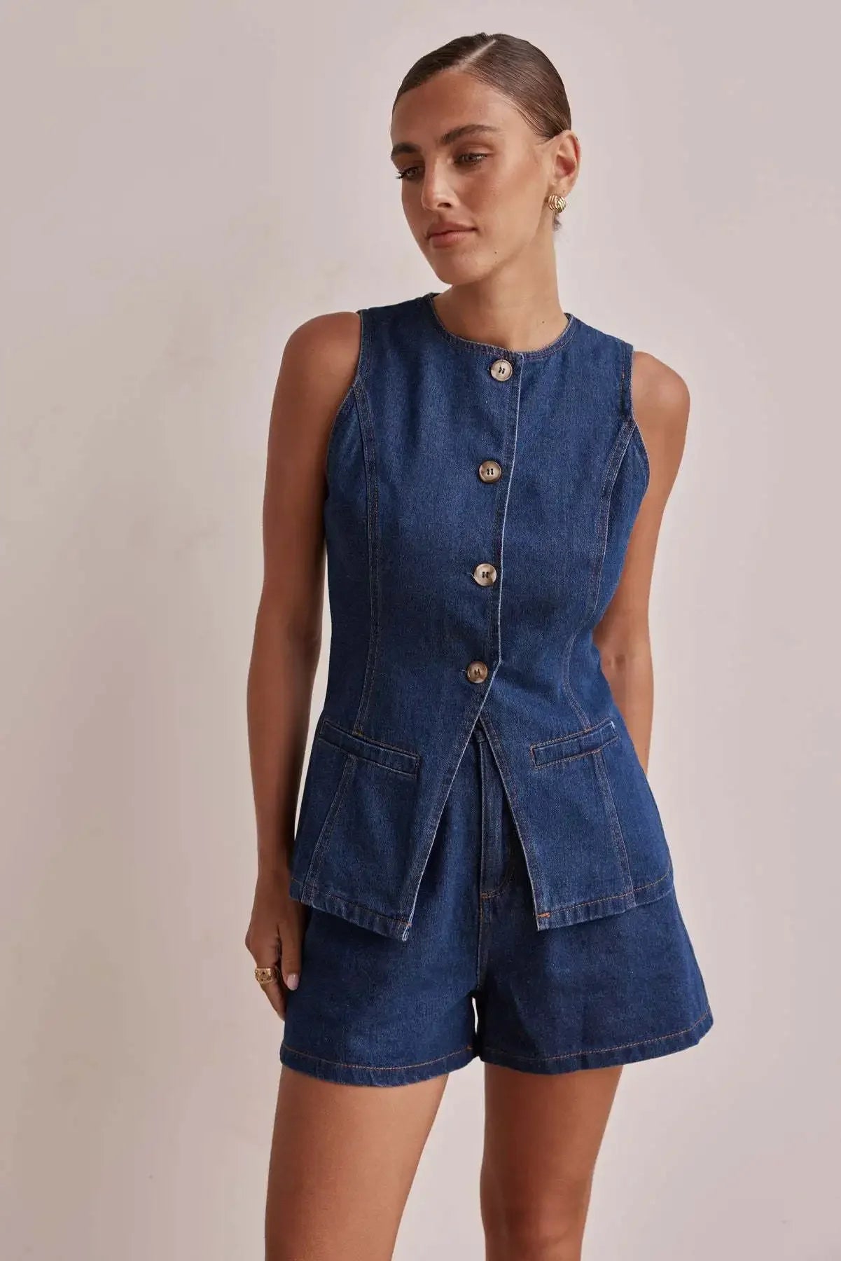 Cassia Waist Cinched Top and Denim Shorts Co-ord Set