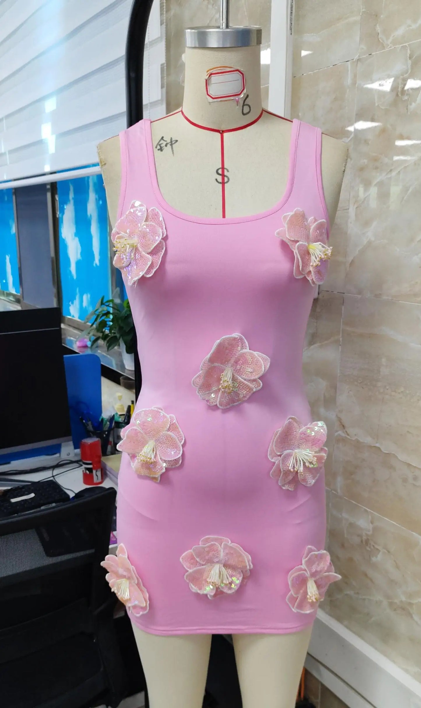 Goldie 3D Flower Sequin Tank Mini Dress in Pink