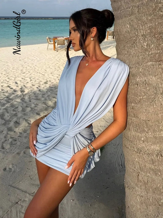 Halle Twist Front Deep V Pleated Mini Beach Dress in Blue