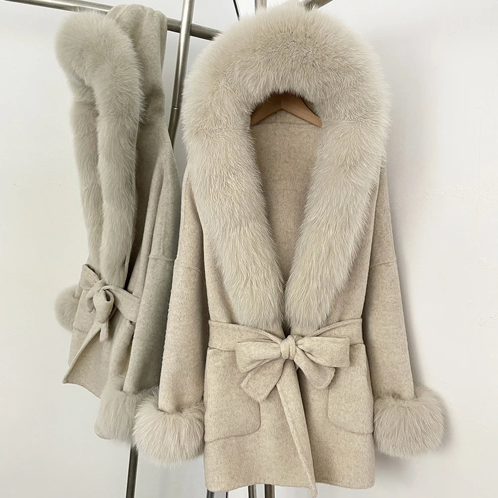 Oona Belted Wool Coat with Fur Trim Hood in Oatmeal