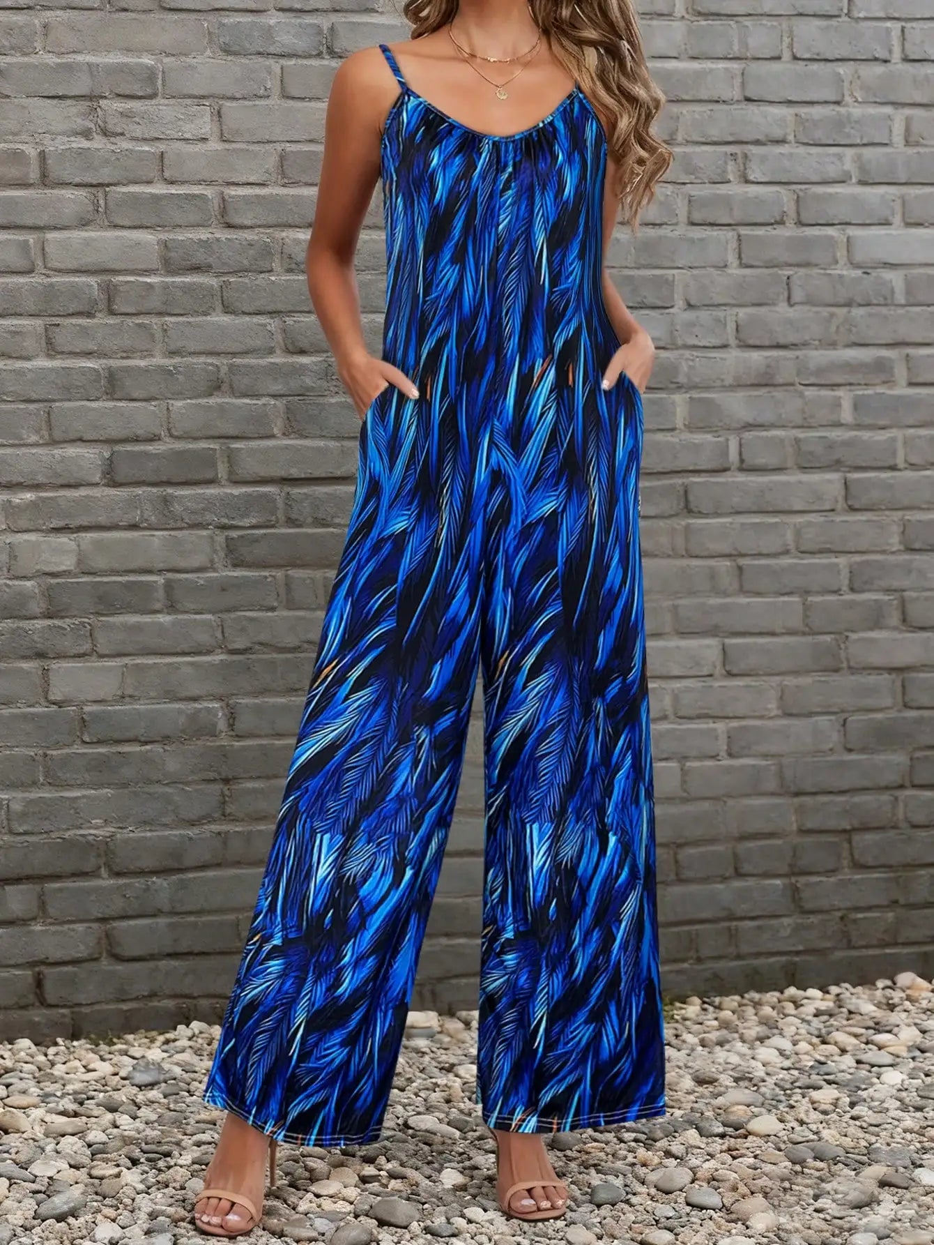 Isla Feather Print Sleeveless Wide Leg Jumpsuit in Blue