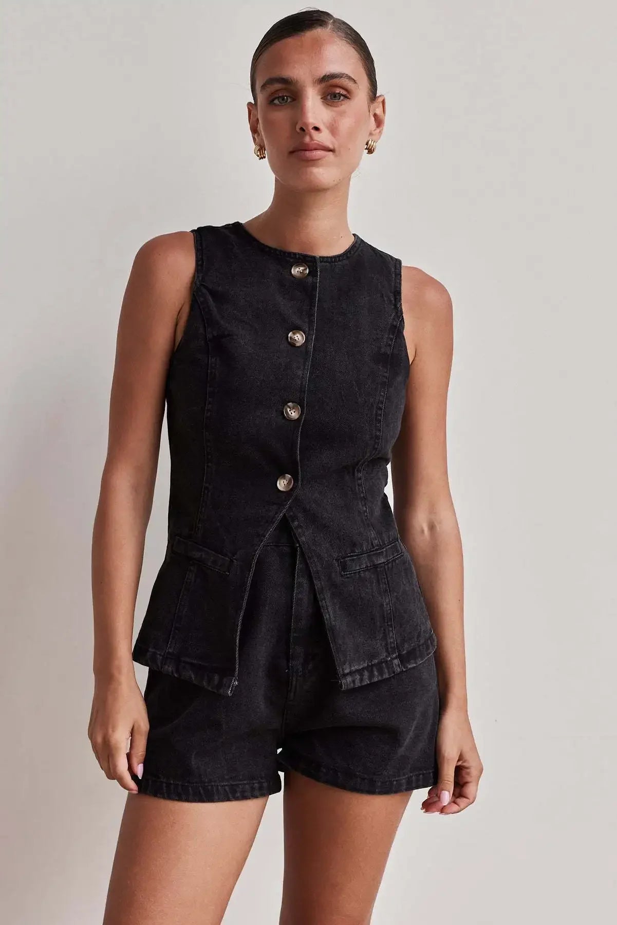 Cassia Waist Cinched Top and Denim Shorts Co-ord Set
