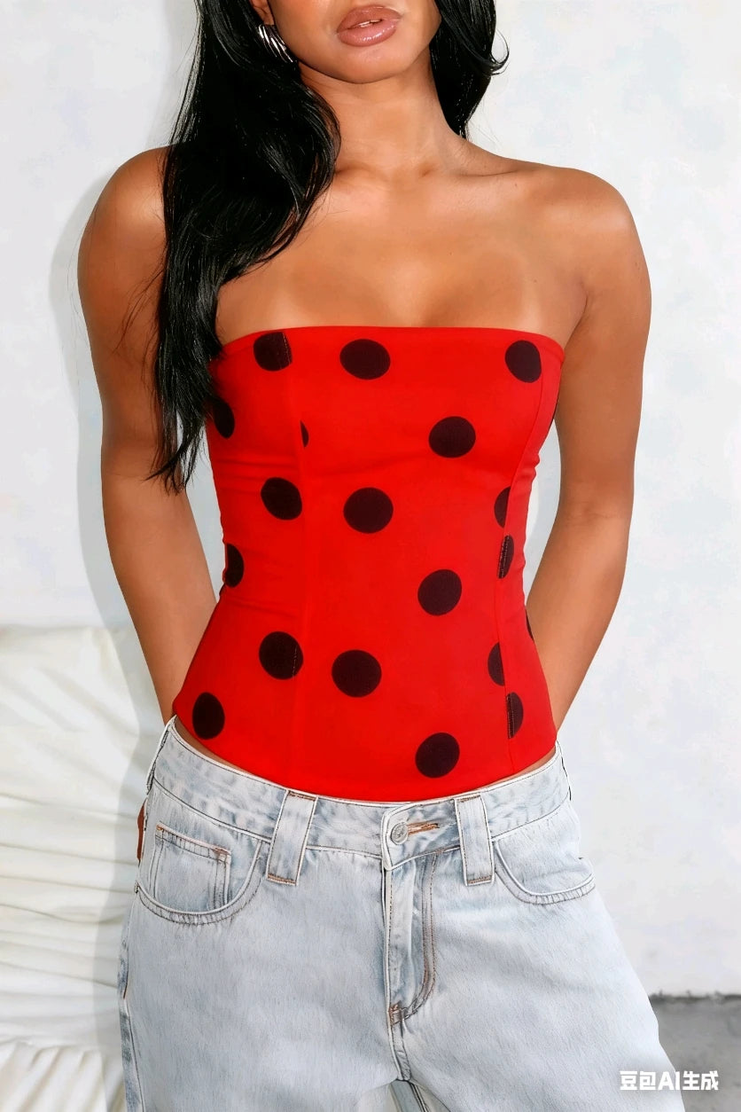 Dodie Polka Dot Tie Front Strapless Corset Top