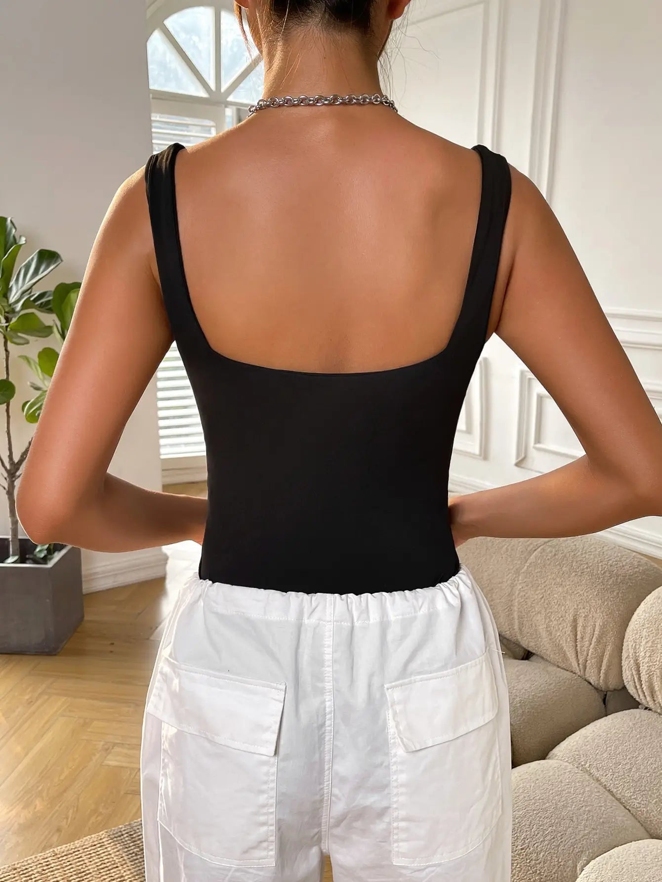 Mabel Square Neck Bodycon Jersey Playsuit in Black