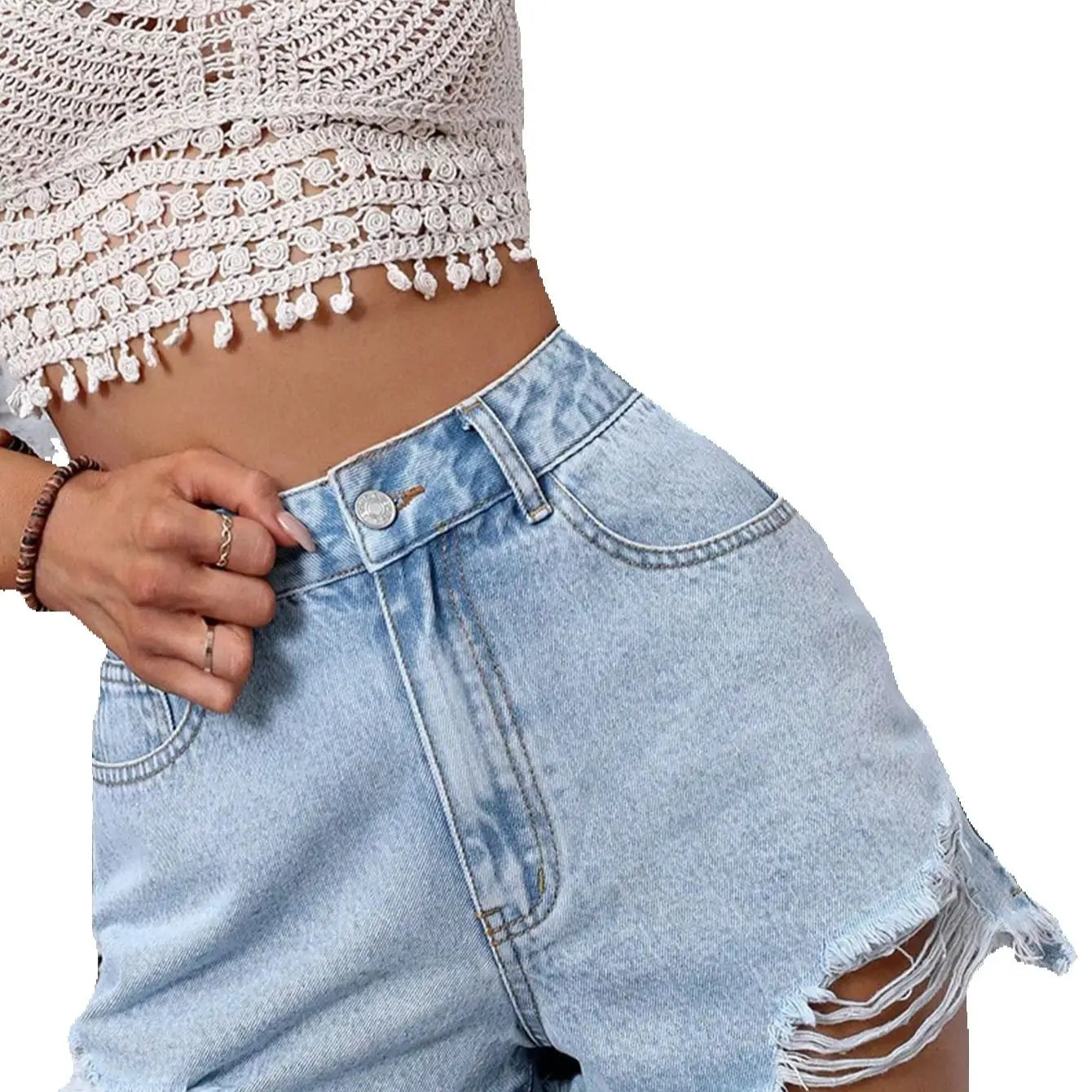 Georgie Frayed Hem Distressed Denim Shorts in Blue