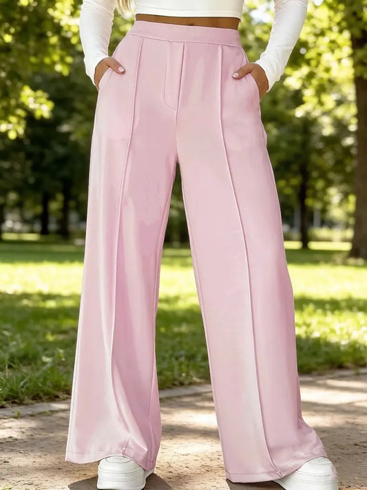 Rosie Pleat Front High Waist Wide Leg Trousers in Pink