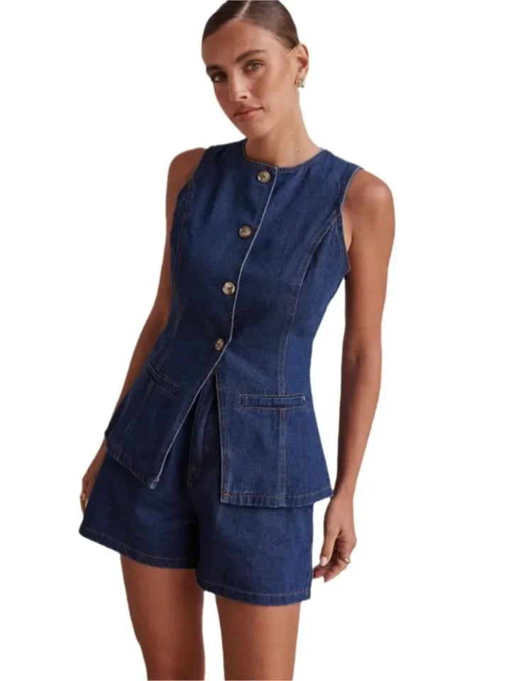 Cassia Waist Cinched Top and Denim Shorts Co-ord Set