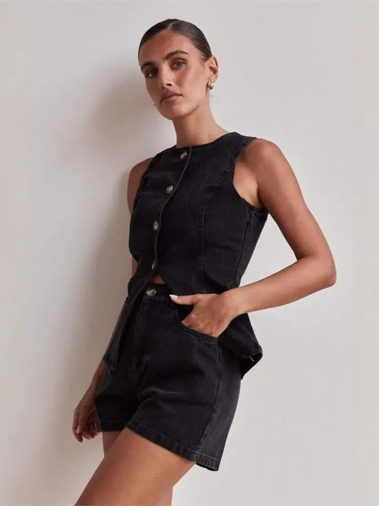 Cassia Waist Cinched Top and Denim Shorts Co-ord Set