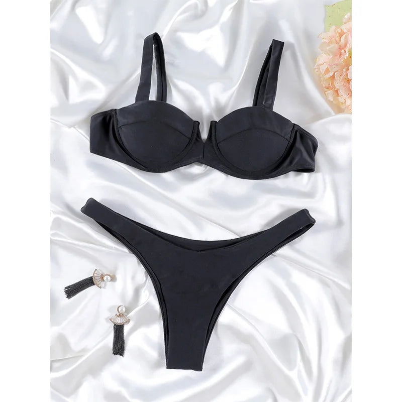 Nina Push Up Underwired High Cut Bikini Set in Black