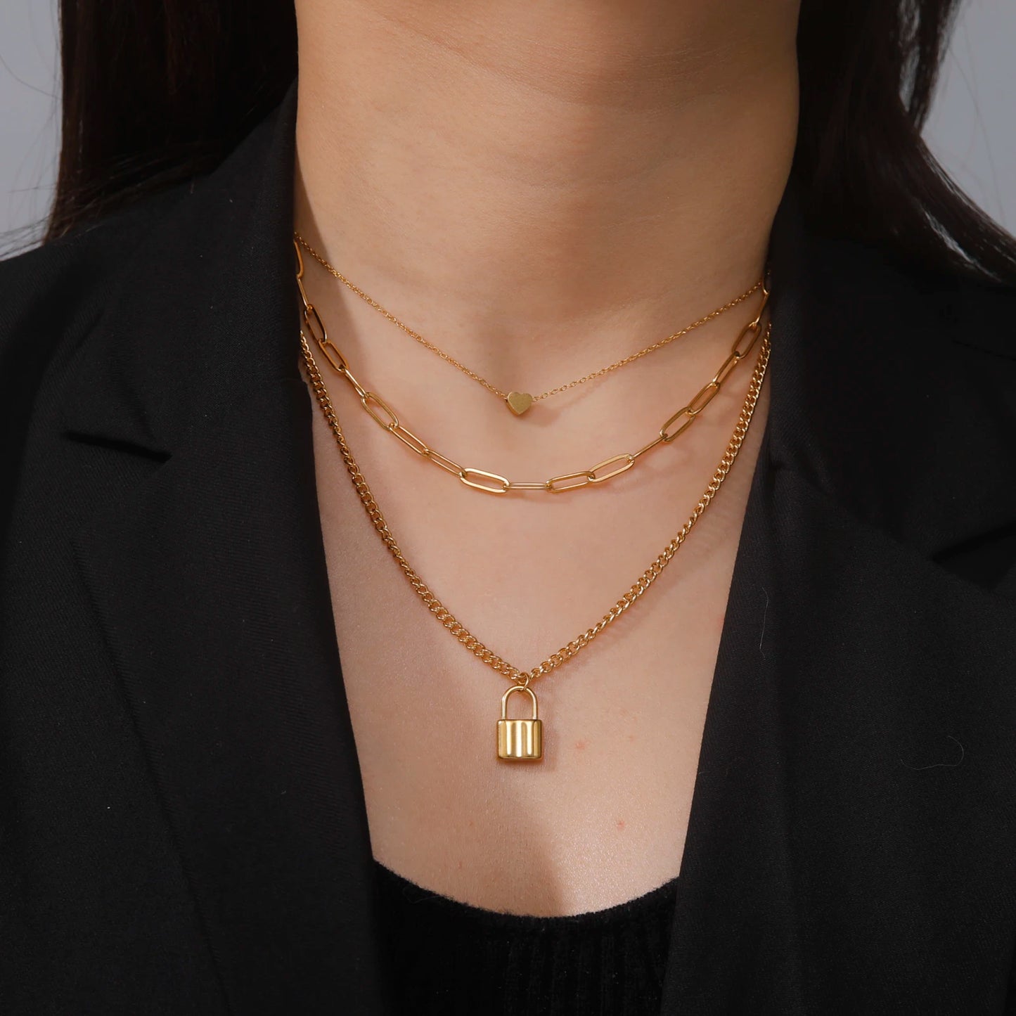 Lois Heart Lock Layered Stainless Steel Necklace