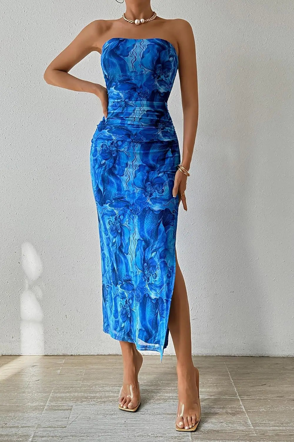 Kiki Strapless Tie Dye Print Hem Slit Midi Dress