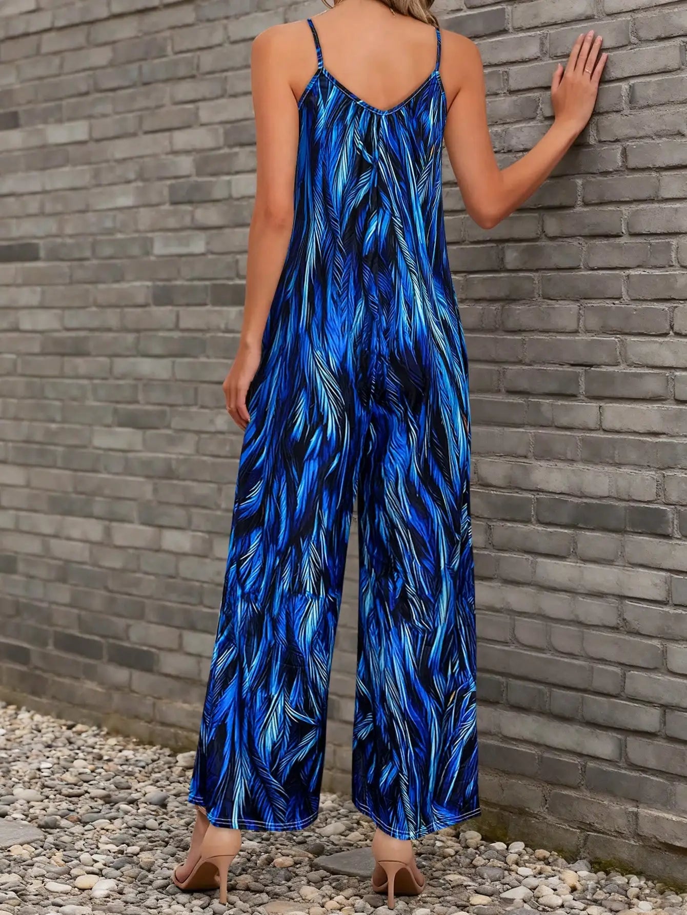Isla Feather Print Sleeveless Wide Leg Jumpsuit in Blue