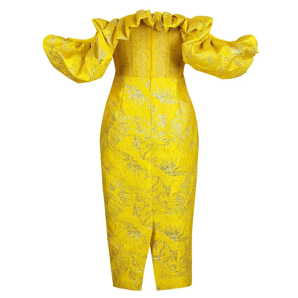 Marigold Ruffle Trim Sequin Jacquard Dress in Yellow