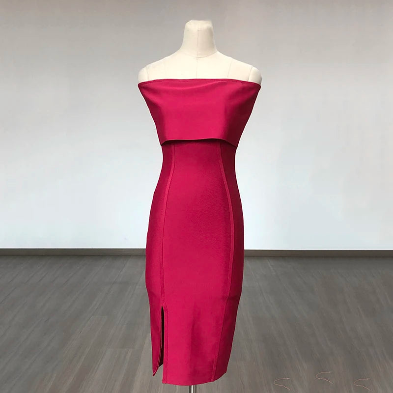 Nova Off Shoulder Bandage Bodycon Midi Dress in Fuchsia