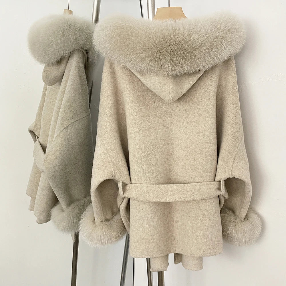 Oona Belted Wool Coat with Fur Trim Hood in Oatmeal