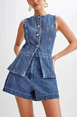 Bonnie Sleeveless Denim Top and Shorts Co-ord Set